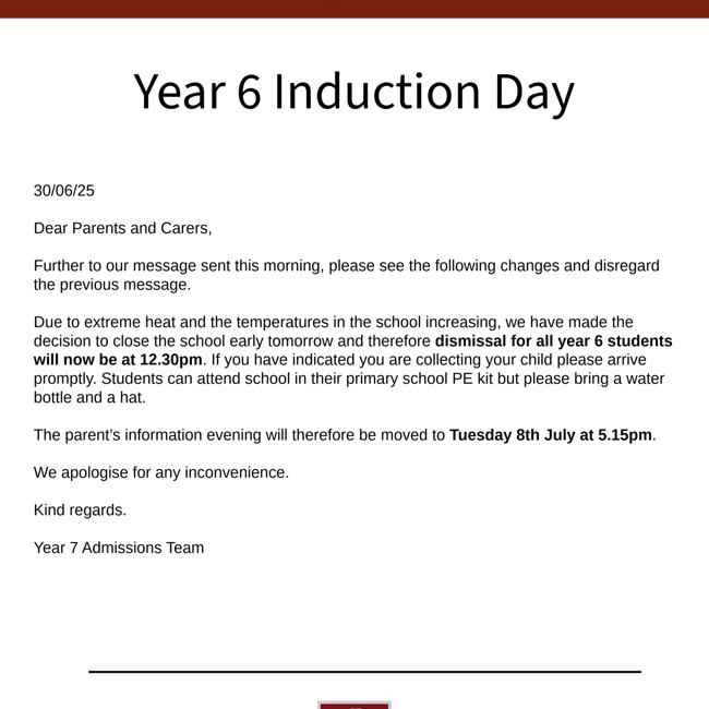Changes to Year 6 Induction Day Timings